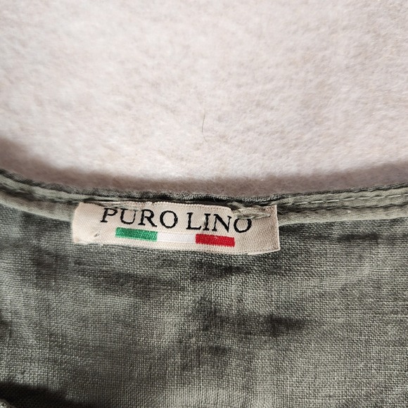 Puro Lino Linen Floral Embroidered Dress Sleeveless Casual Olive Green - Picture 2 of 7